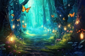 Naklejka premium wide panoramic of fantasy forest with glowing butterflies in forest