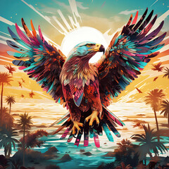 Dive into the captivating fusion of Aesthetic Glitch Art and Whimsical Fairy-Tale Illustrations featuring a soaring eagle