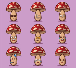 Cute and kawaii mushroom character emoticon expression illustration set