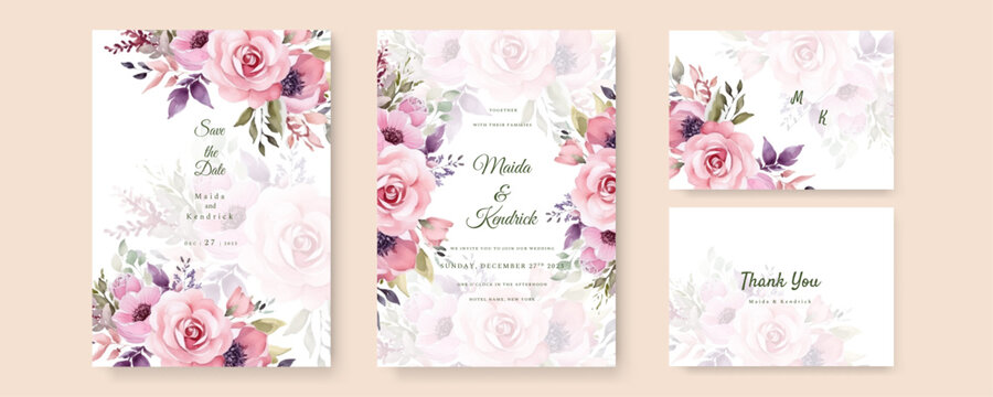 Elegant watercolor wedding invitation card with flower and leaves