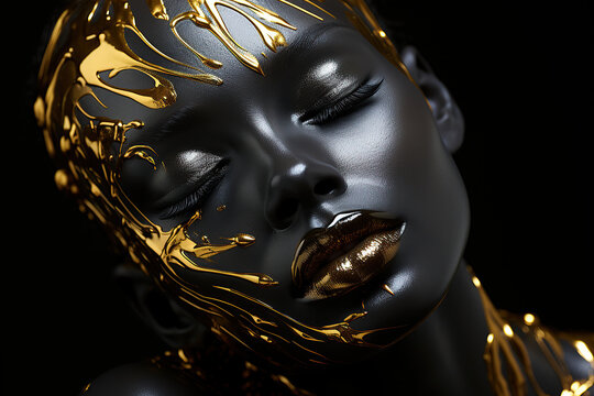 Beauty woman painted in black gold skin color body, gold makeup, lips, eyelids in gold color paint. Body art. Beauty gold metallic body, painted skin, created with Generative AI