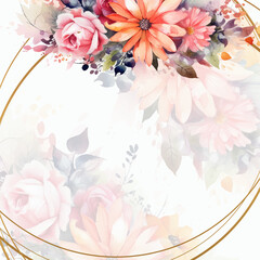 Floral border with pink flowers ang foliage, can be used as invitation card for wedding, birthday and other holiday and summer background. Botanical art. Watercolor