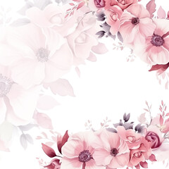 Floral border with pink flowers ang foliage, can be used as invitation card for wedding, birthday and other holiday and summer background. Botanical art. Watercolor
