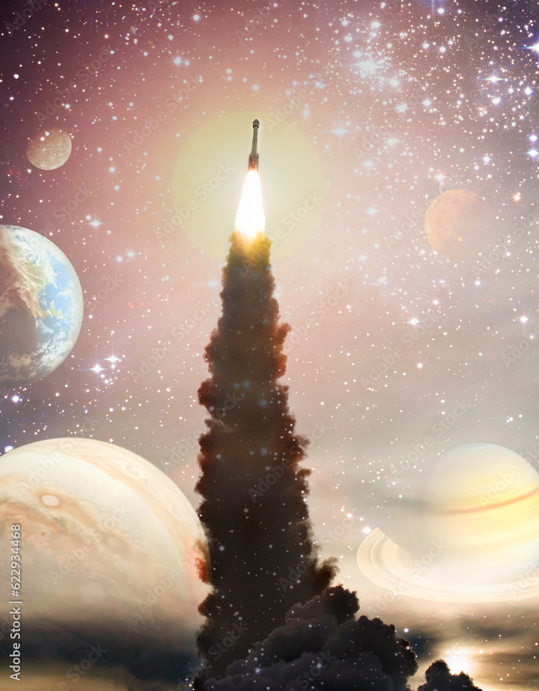 Wall mural dark space shuttle launch in the clouds with stars on background.spaceship flight. elements of this 
