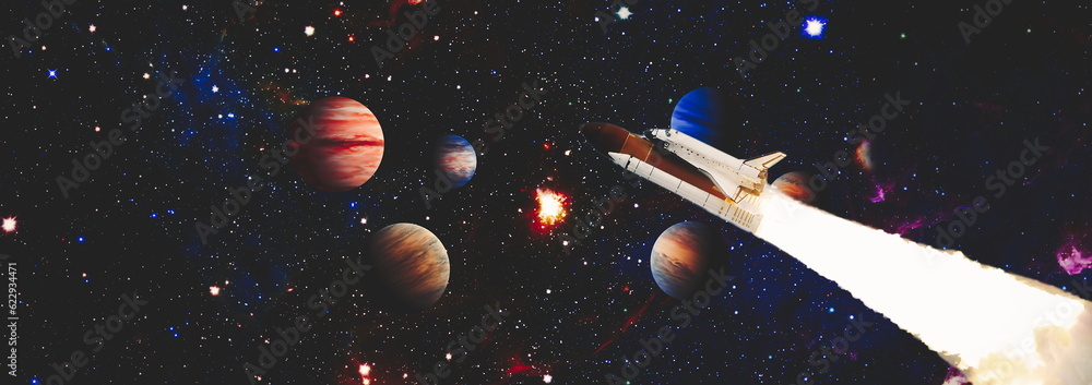 Wall mural spaceship in deep space. dark space with stars on background. elements of this image furnished by na