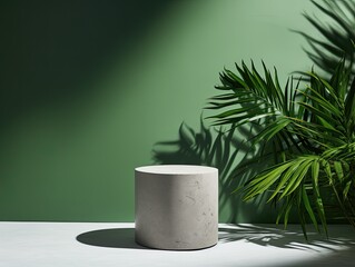 Round gray stone cylinder podium pedestal green grass room, palm leaves, shadow background. Concept display scene stage platform showcase, product, sale, banner, presentation, cosmetic. Generative AI.