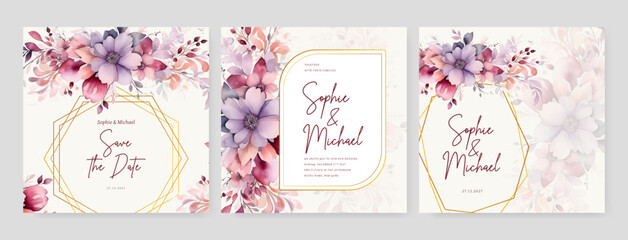 Summer Flower watercolor Wedding Invitation set, floral invite thank you, modern card Design leaf greenery branches with blue background decorative Vector elegant rustic template