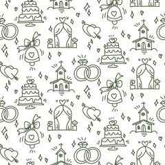 Wedding background. Seamless pattern with wedding items for timing guests. Wedding symbols. Cartoon hand-made wedding symbols on a white background. Contour icons, dark outline. Printing on paper