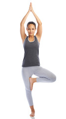 Happy woman, portrait and yoga in meditation for zen workout isolated on a transparent PNG...