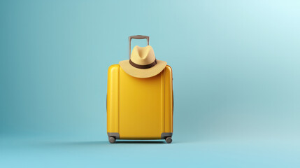 Yellow travel suitcase with straw hat, on light blue background. Trip concept.