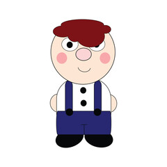 Cute boy in blue trousers and suspenders. Vector illustration.