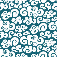 A pattern of white clouds in Chinese style on a blue background. Cartoon background, abstract illustration with imitation of Chinese style. Children's background. Printing on textiles and paper