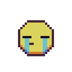 Crying expression. Smiley emoticons cute face.  Pixel art icon. Cartoon style. 8-bit. Isolated abstract vector illustration.
