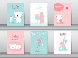 Fototapeta na wymiar Set of baby shower invitations cards with babies boy and girl,cute design,poster,template,storks,Vector illustrations.