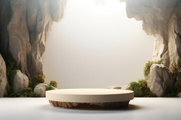white podium platform in the middle of a cave