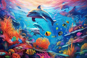 dolphins with group of colorful fish and sea animals natural - obrazy, fototapety, plakaty