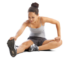 Woman touch feet for fitness, training and performance isolated on transparent png background. Female athlete stretching legs in sports workout, muscle mobility or flexible exercise of healthy runner