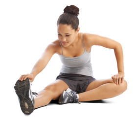 Woman touch feet for fitness, training and performance isolated on transparent png background. Female athlete stretching legs in sports workout, muscle mobility or flexible exercise of healthy runner