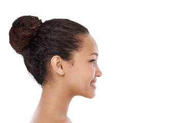 Face, woman and smile in side, profile and isolated on a transparent png background. Head of happy...