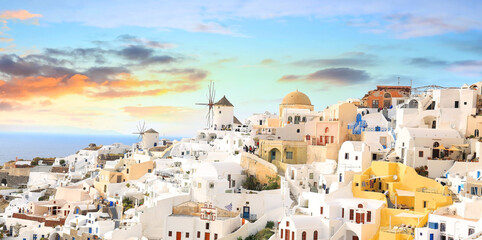 The famous of landscape view point as Sunset sky scene at Oia town on Santorini island, Greece