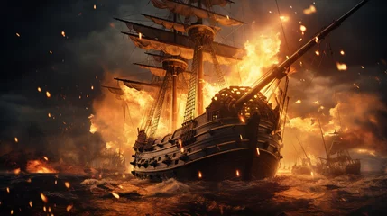 Poster de jardin Aurores boréales ship in the harbor with fire