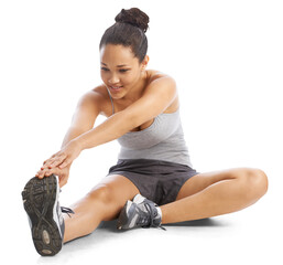 Woman, stretching legs and fitness for training, performance and isolated on a transparent png...