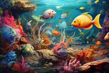Naklejka na ściany i meble fish with group of colorful fish and animals around sea - generate AI