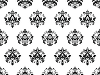 Damask digital paper seamless floral pattern. Black Flowers on a white background. Luxury Royal Wallpaper.