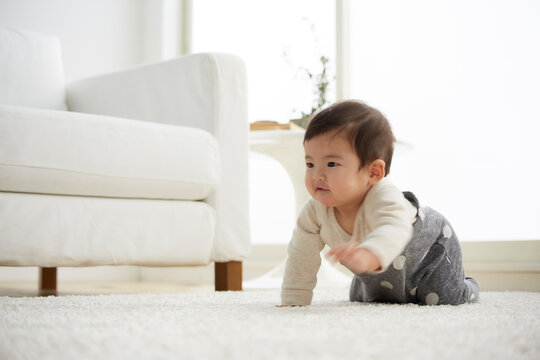 白で統一した部屋ではいはいをする赤ちゃん