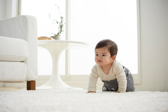 白で統一した部屋ではいはいをする赤ちゃん
