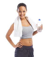 Happy woman, portrait and water bottle in fitness for hydration isolated on a transparent PNG background. Female person smile with towel and natural liquid for drinking after cardio workout exercise