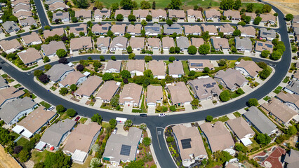 Top down drone view of residential housing in a community in California