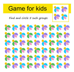 A game for kids. Find the group of cartoon beetle shown in the sample and circle.