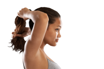 Sports, start and woman tie hair on isolated, png and transparent background for wellness. Fitness, healthy body and face profile of female person with hairstyle for exercise, training or workout