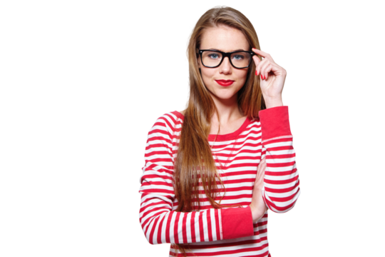 Fashion, glasses and study with portrait of woman on png for nerd, education and youth. Happy, smart and style with face of student isolated on transparent background for confidence and hipster