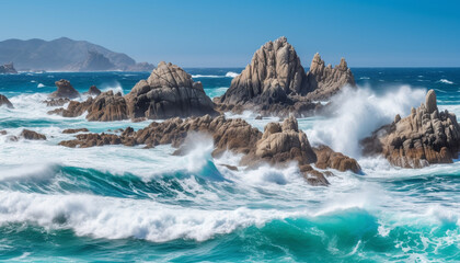 Fototapeta na wymiar Majestic waves break on the rocky coastline, creating a stunning seascape generated by AI
