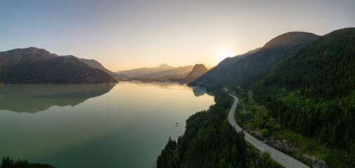 Sea to Sky Highway on Pacific Ocean West Coast. Aerial Panorama.
