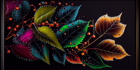 Drawn background of multi-colored bright tree leaves, framed, on a black background. Generative AI
