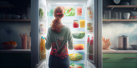 Drawing of a young slender woman standing with her back to the camera, in front of a huge open kitchen refrigerator with vegetables and fruits, at night. Generative AI