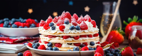 Independance day cake. or celebration cakes with blue and red usa colors. wide banner.