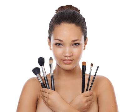Woman, makeup and portrait of brush set for face, cosmetics or aesthetic tools isolated on transparent png background. Young female model, facial beauty and holding collection of skincare products