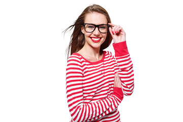 Fashion, glasses and geek with portrait of woman on png for nerd, education and youth. Happy, smart...
