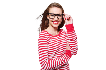 Fashion, glasses and geek with portrait of woman on png for nerd, education and youth. Happy, smart and style with face of student isolated on transparent background for confidence and hipster