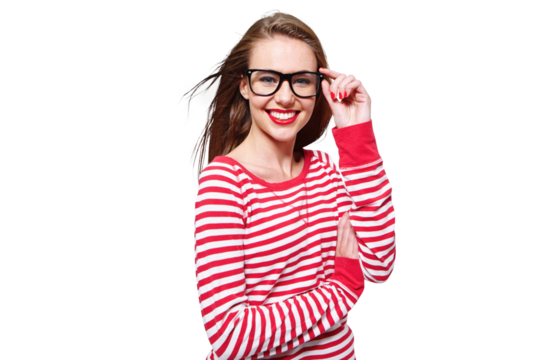 Fashion, glasses and geek with portrait of woman on png for nerd, education and youth. Happy, smart and style with face of student isolated on transparent background for confidence and hipster