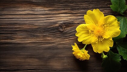 Obraz premium Yellow flowers on old wooden background. Top view with copy space.
