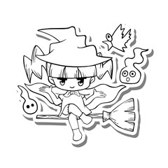 Black line cute cartoon Little Witch Girl on broom flying with spirit and crow. Doodle on white silhouette and gray shadow. Vector illustration Halloween theme for decoration, coloring and any design.
