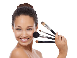 Portrait, woman and set of makeup brushes for face, cosmetics or aesthetic tools isolated on...