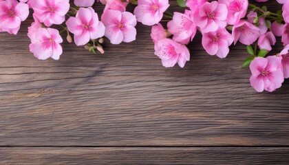 Naklejka na ściany i meble Pink cherry blossoms on wooden background. Copy space for text.
