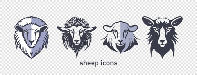Vector set of animal heads icons. Sheep of different breeds. Domesticated farm animals. Isolated background.