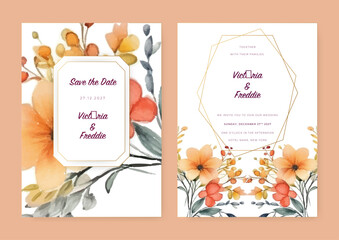Watercolor wedding invitation template set with romantic purple violet floral and leaves decoration